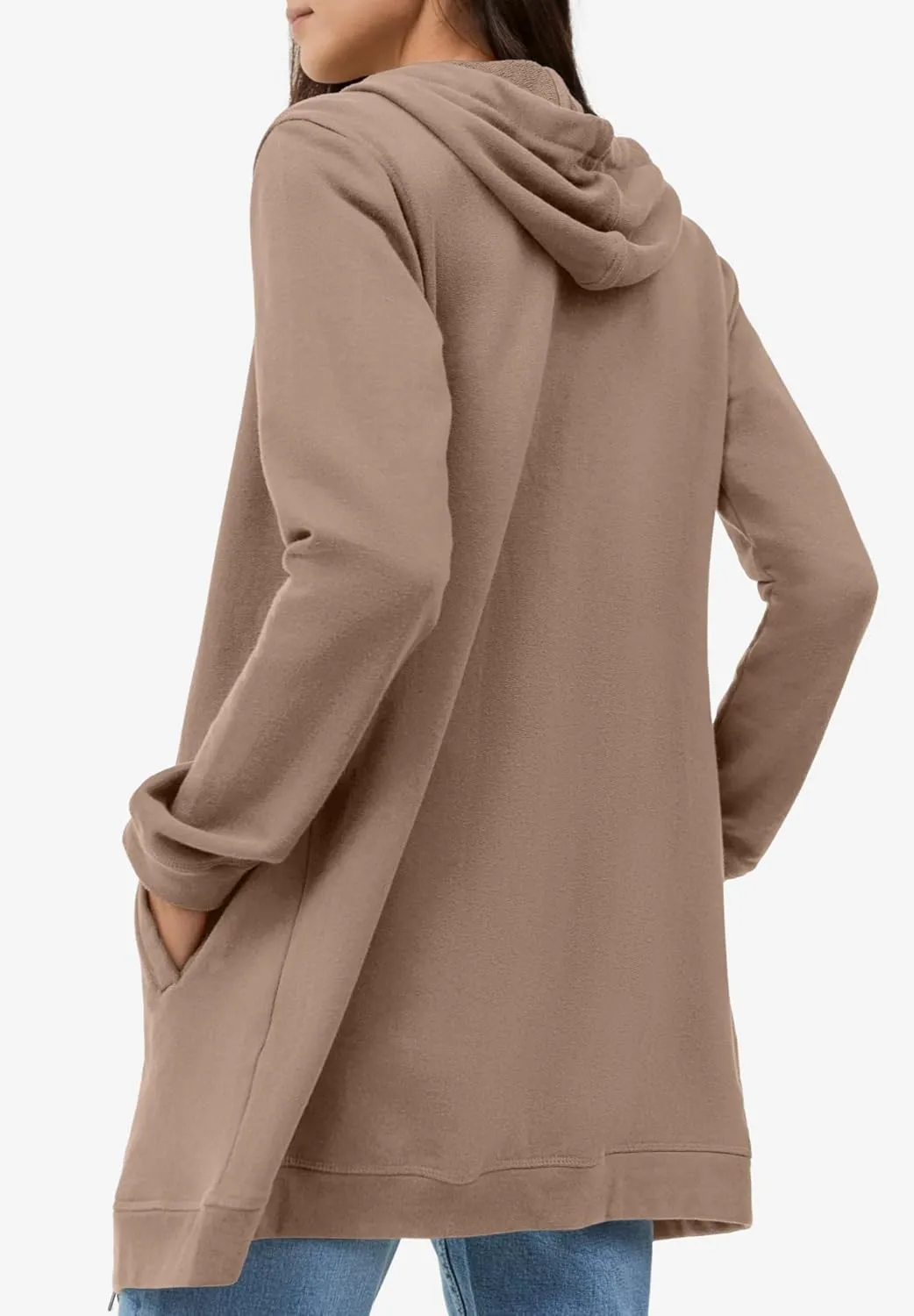 ellos Women's Plus Size Long Zip Front Hoodie French Terry Long Oversized Lightweight Jacket