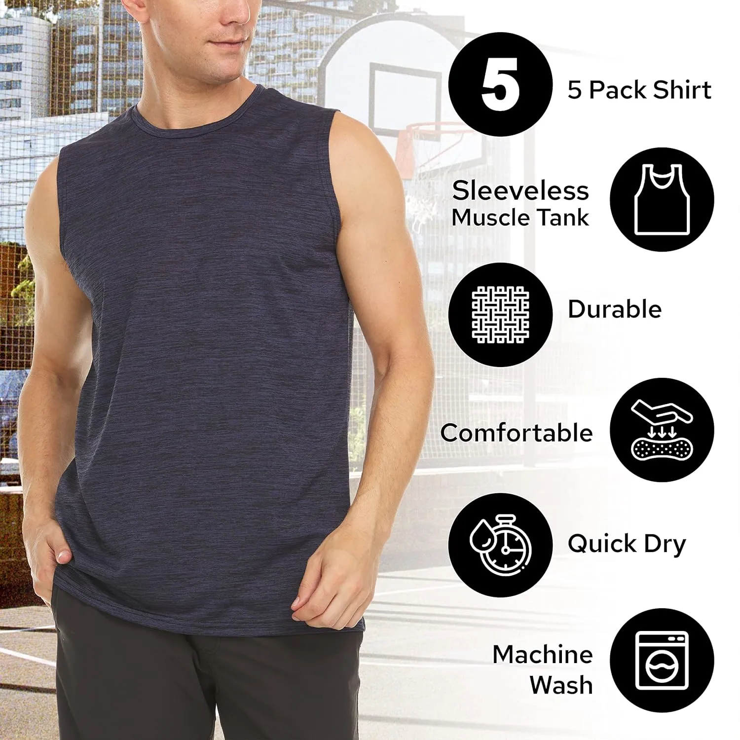 Essential Elements 5 Pack: Men's Active Quick-Dry Athletic Workout Training Gym Muscle Sleeveless Tank Top