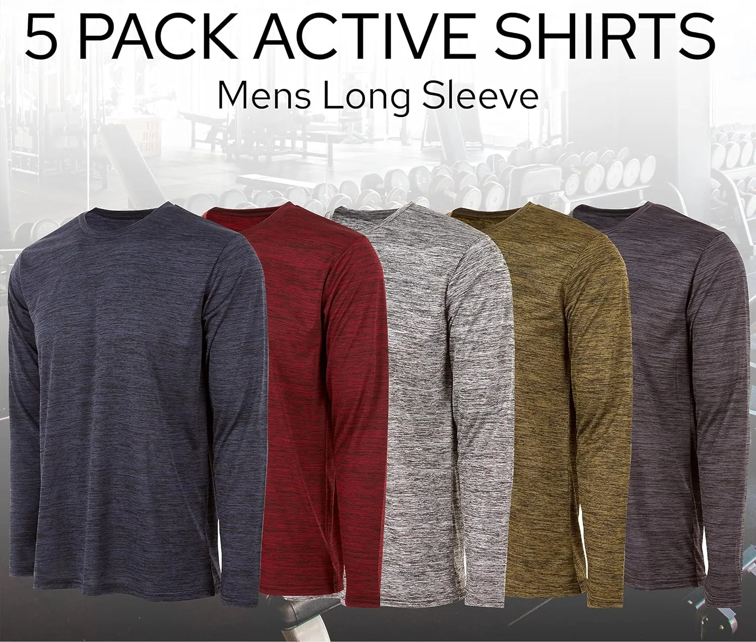 Essential Elements Mens Active T-Shirt - Quick-Dry Athletic Workout Training Crew Neck Long Sleeve Top 5 Pack