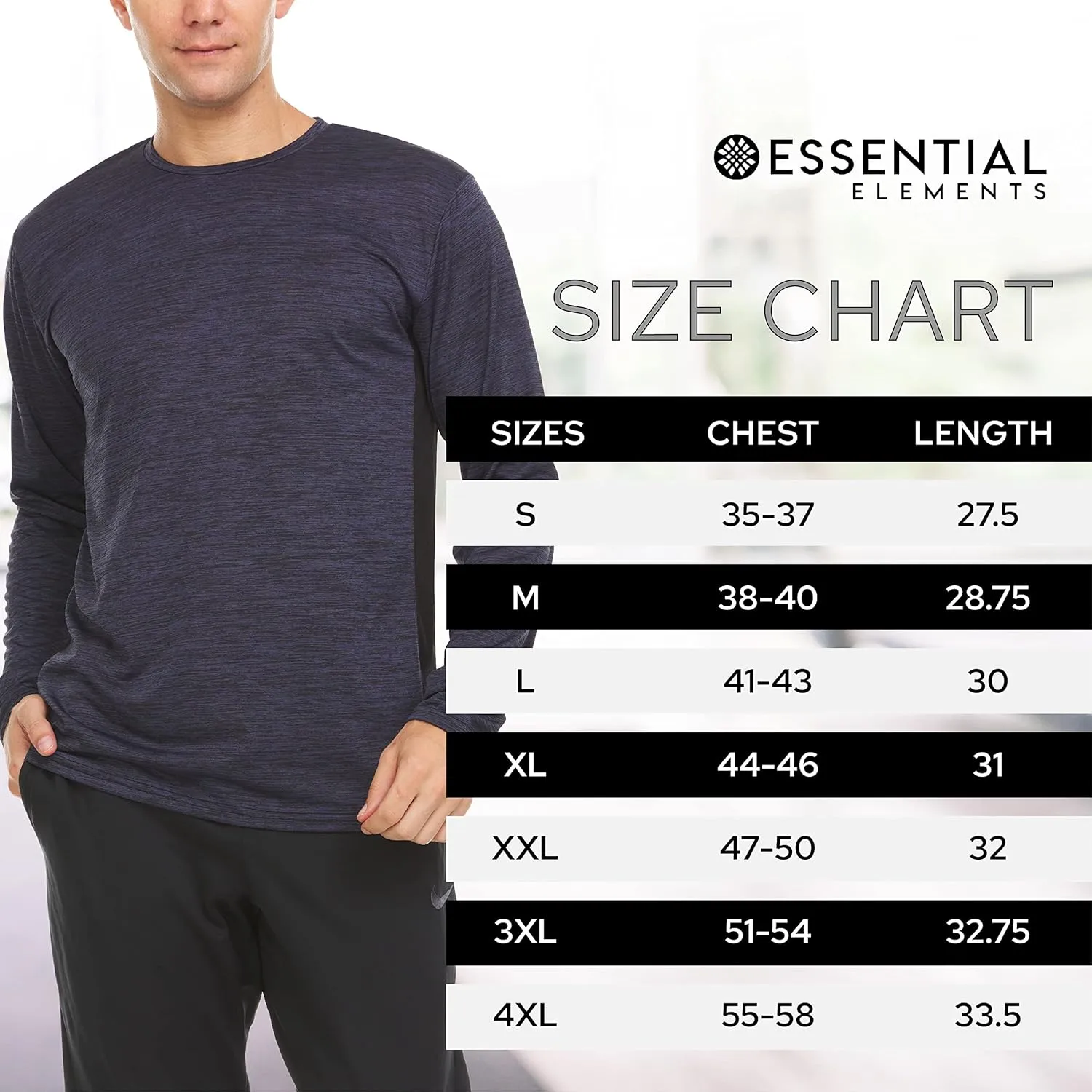 Essential Elements Mens Active T-Shirt - Quick-Dry Athletic Workout Training Crew Neck Long Sleeve Top 5 Pack
