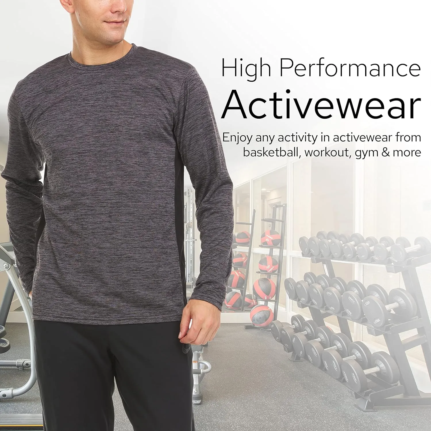 Essential Elements Mens Active T-Shirt - Quick-Dry Athletic Workout Training Crew Neck Long Sleeve Top 5 Pack