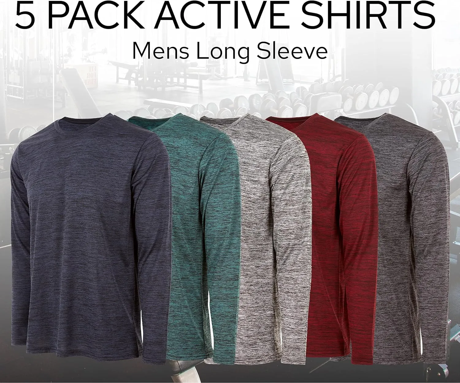 Essential Elements Mens Active T-Shirt - Quick-Dry Athletic Workout Training Crew Neck Long Sleeve Top 5 Pack