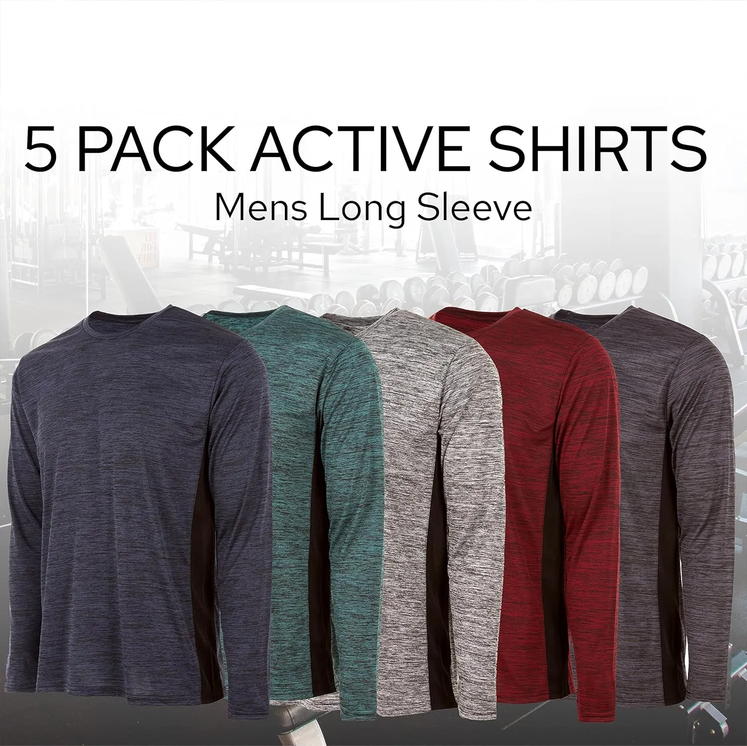 Essential Elements Mens Active T-Shirt - Quick-Dry Athletic Workout Training Crew Neck Long Sleeve Top 5 Pack