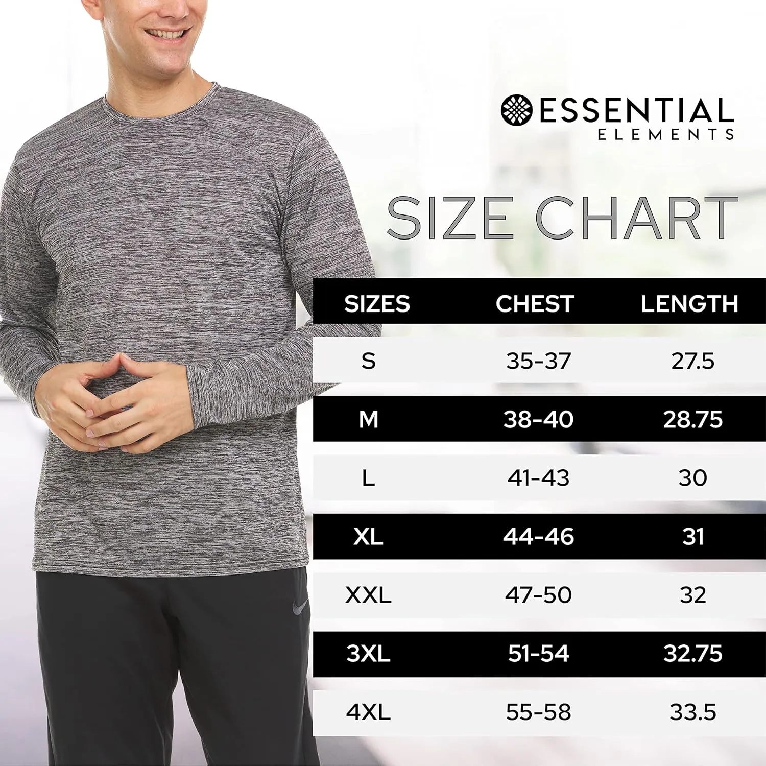 Essential Elements Mens Active T-Shirt - Quick-Dry Athletic Workout Training Crew Neck Long Sleeve Top 5 Pack