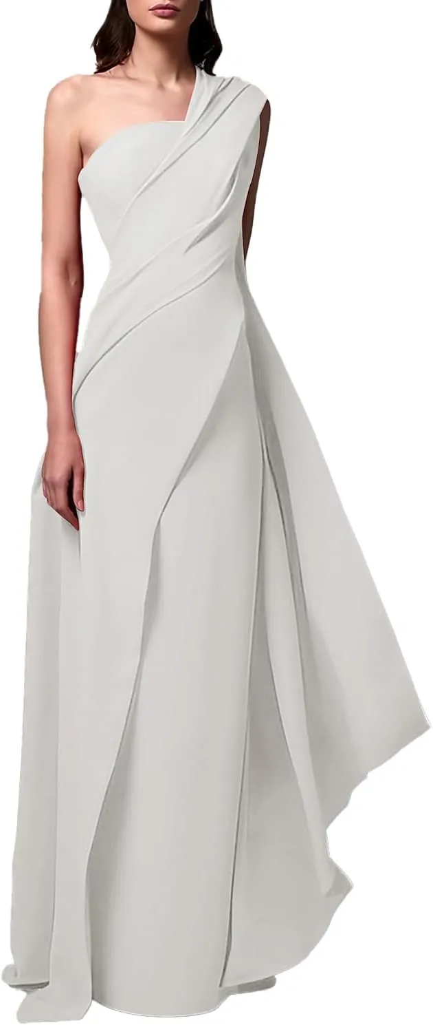 Evening Gown Elegant Wedding Guest Dress Floor Length Sleeveless One Shoulder Chiffon with Pleats Ruched 2024