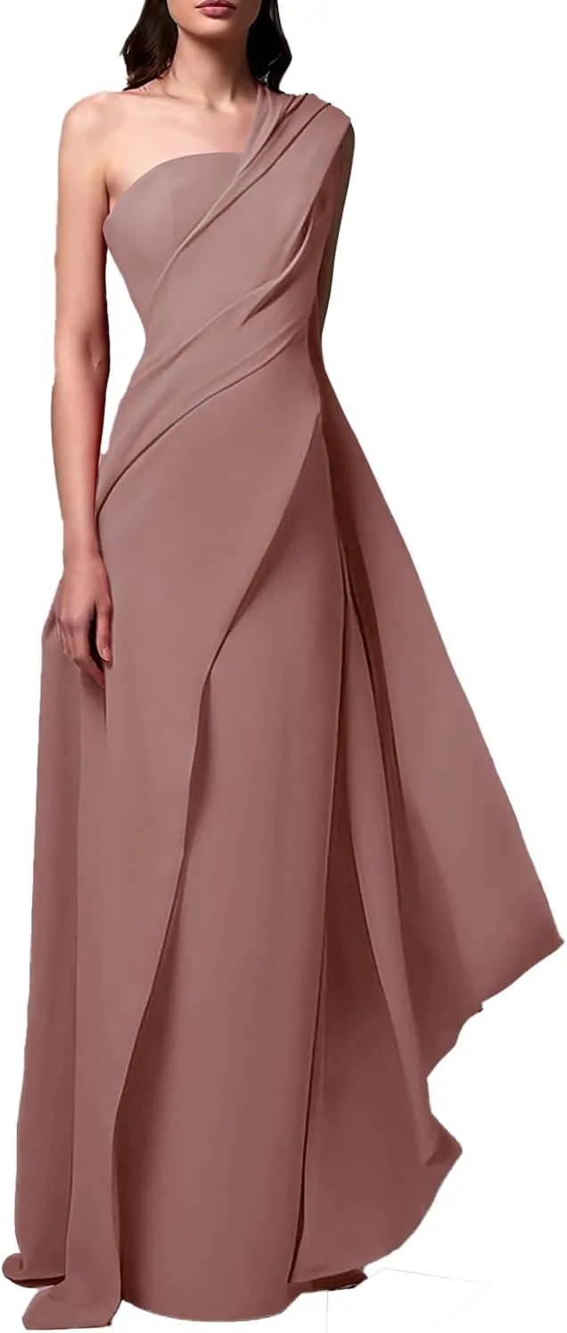 Evening Gown Elegant Wedding Guest Dress Floor Length Sleeveless One Shoulder Chiffon with Pleats Ruched 2024