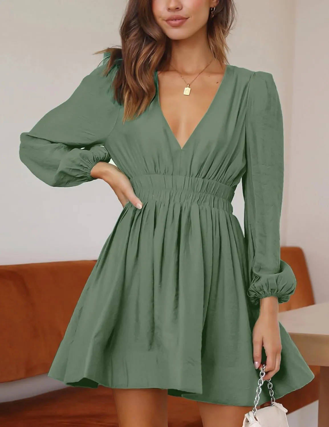 FAIABLE Mini Dress Deep V Sexy Dress Long Sleeve Dress for Women A-line High Waisted Casual Flowy Dress