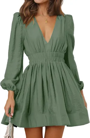 FAIABLE Mini Dress Deep V Sexy Dress Long Sleeve Dress for Women A-line High Waisted Casual Flowy Dress