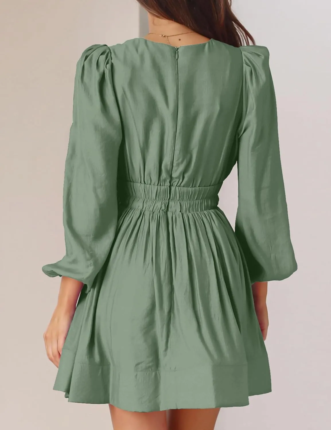 FAIABLE Mini Dress Deep V Sexy Dress Long Sleeve Dress for Women A-line High Waisted Casual Flowy Dress