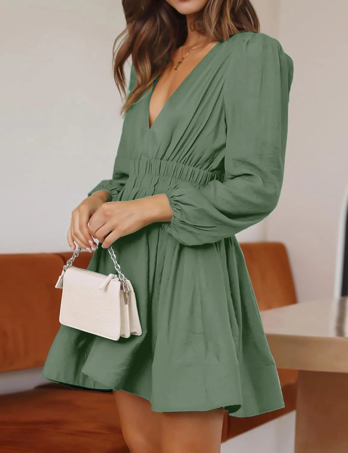 FAIABLE Mini Dress Deep V Sexy Dress Long Sleeve Dress for Women A-line High Waisted Casual Flowy Dress