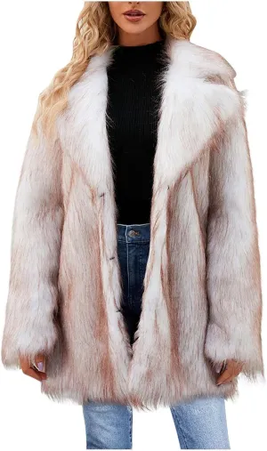 Faux Fur Winter Long Coats Women Warm Lapel Faux Fur Fuzzy Coat Jacket Overcoat Fashion Open Front Cardigan Outerwear