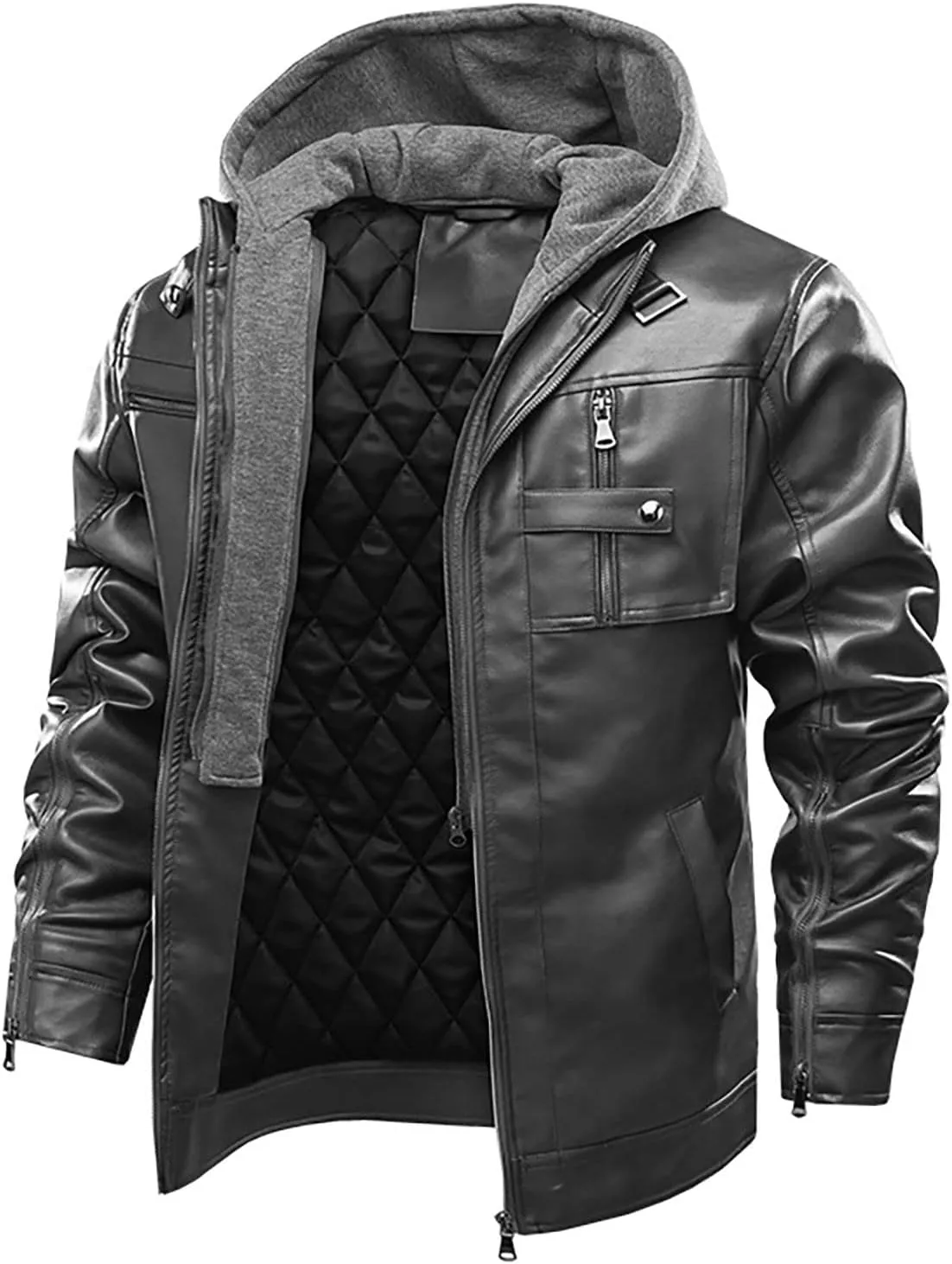 Faux Leather Jacket Men,Bomber Motorcycle Jacket Coats Zipper Slim Sherpa Lined Winter Warm Outwear with Pocket