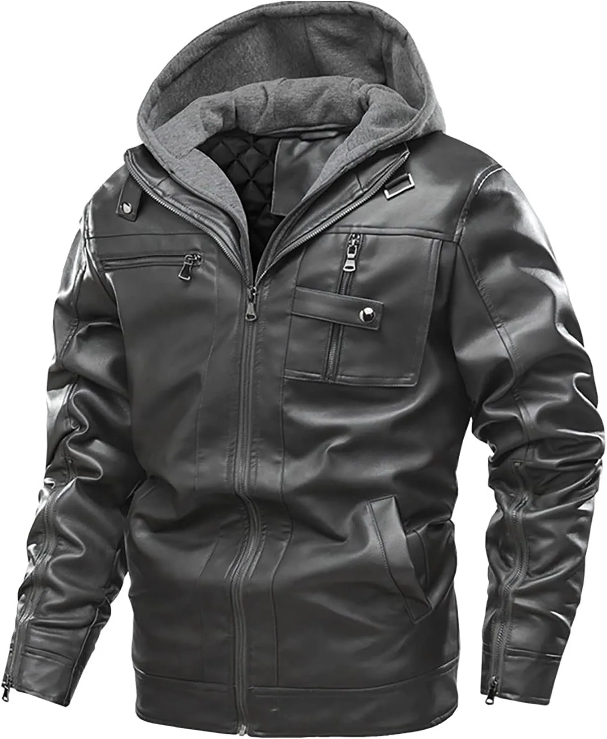 Faux Leather Jacket Men,Bomber Motorcycle Jacket Coats Zipper Slim Sherpa Lined Winter Warm Outwear with Pocket