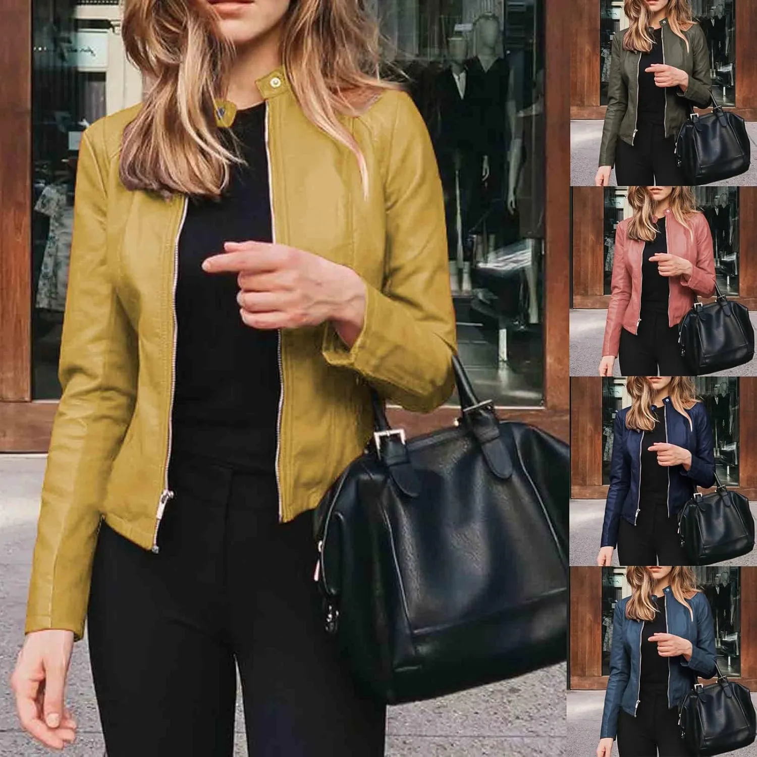 Faux Leather Jacket Women Zip Up Motorcycle Jacket Slim Leather Jacket Biker Jacket Plus Size Outerwear with Pockets