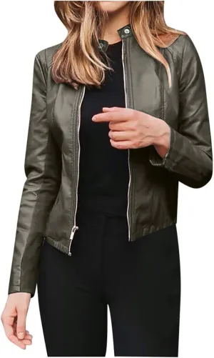 Faux Leather Jacket Women Zip Up Motorcycle Jacket Slim Leather Jacket Biker Jacket Plus Size Outerwear with Pockets