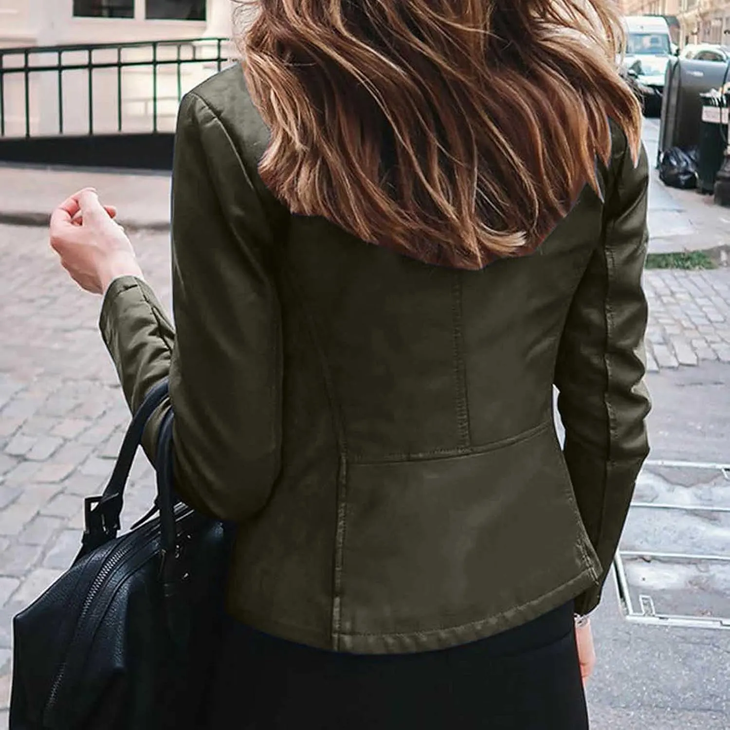 Faux Leather Jacket Women Zip Up Motorcycle Jacket Slim Leather Jacket Biker Jacket Plus Size Outerwear with Pockets