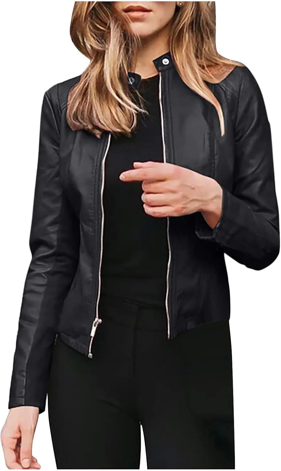 Faux Leather Jacket Women Zip Up Motorcycle Jacket Slim Leather Jacket Biker Jacket Plus Size Outerwear with Pockets