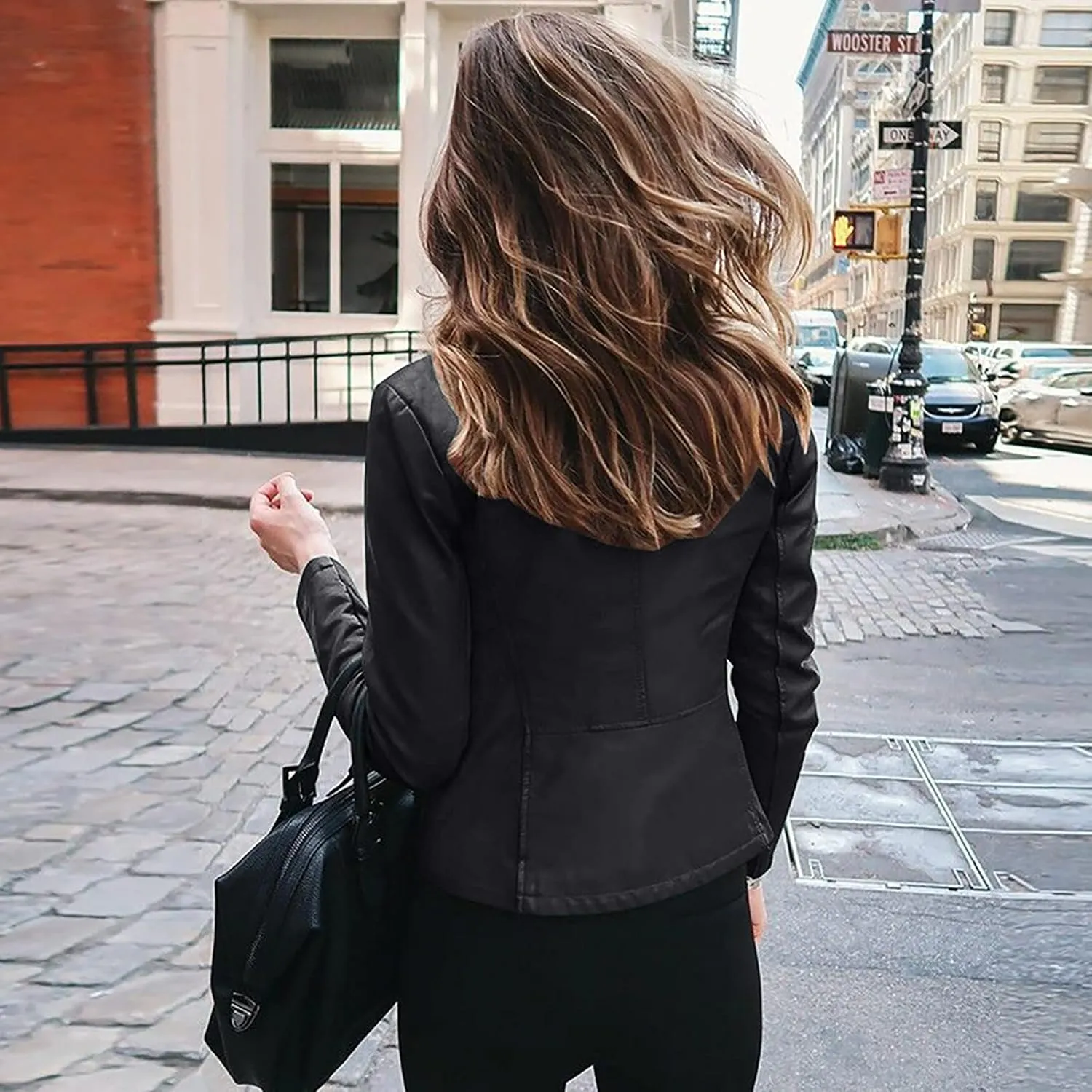 Faux Leather Jacket Women Zip Up Motorcycle Jacket Slim Leather Jacket Biker Jacket Plus Size Outerwear with Pockets