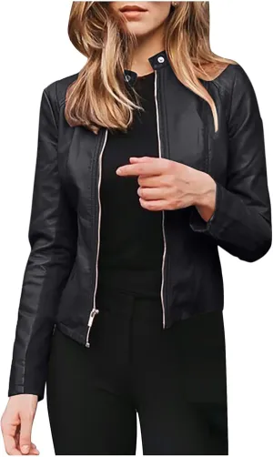 Faux Leather Jacket Women Zip Up Motorcycle Jacket Slim Leather Jacket Biker Jacket Plus Size Outerwear with Pockets
