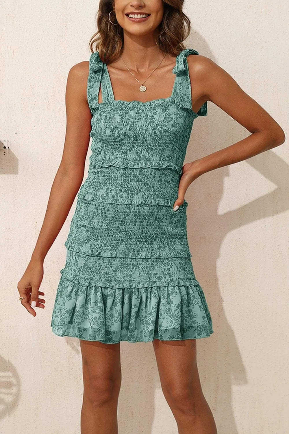 Fazortev Womens Summer Ruffle Smocked Mini Dress Sleeveless Floral Print Tiered Tie Slim Fit Short Dresses