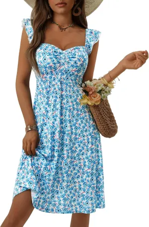 FENSACE Summer Cute Sweetheart Neckline Sundresses Ruffle Sleeve Floral Knee Length Dress