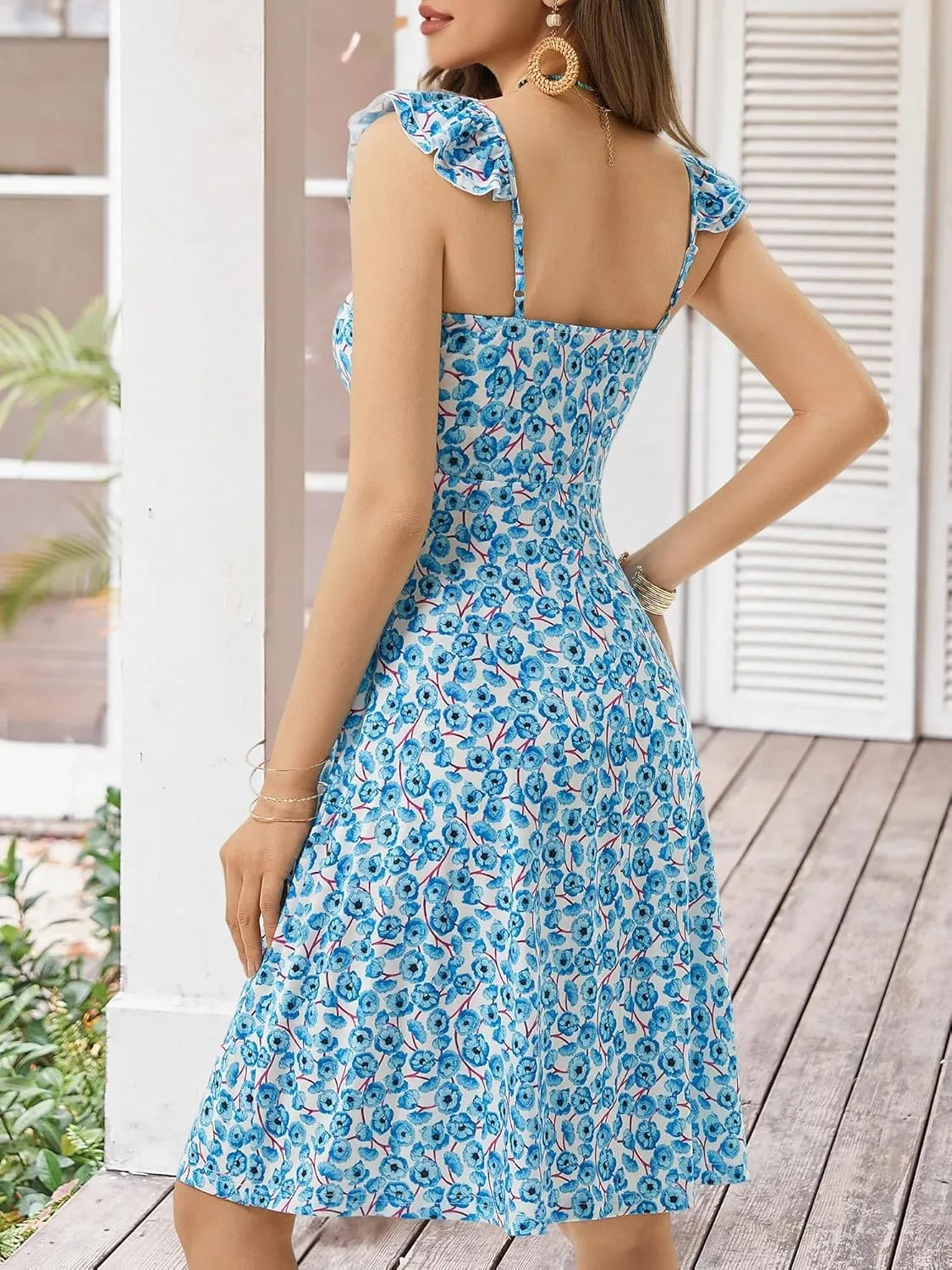FENSACE Summer Cute Sweetheart Neckline Sundresses Ruffle Sleeve Floral Knee Length Dress