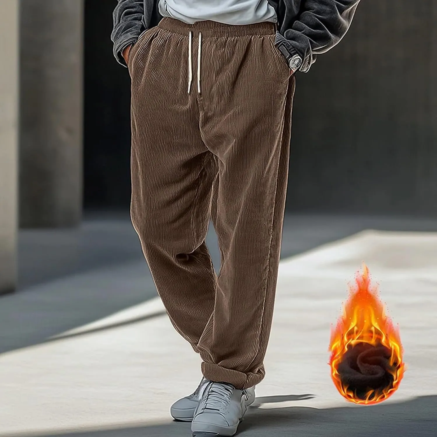 Fleece Lined Sweatpants Men Corduroy Pants Open Bottom Thermal Winter Trousers Elastic Waist Drawstring Casual Pants