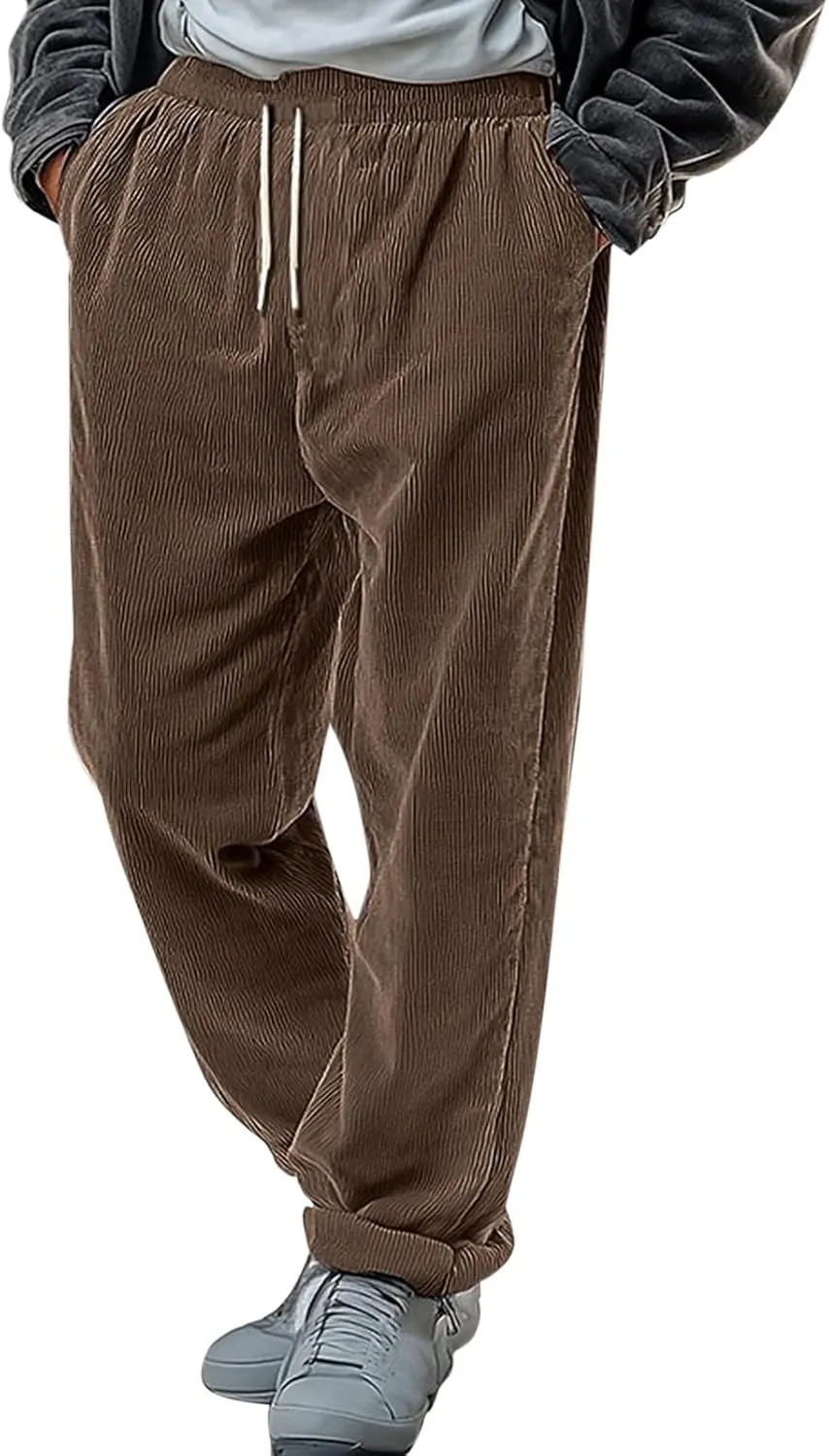 Fleece Lined Sweatpants Men Corduroy Pants Open Bottom Thermal Winter Trousers Elastic Waist Drawstring Casual Pants
