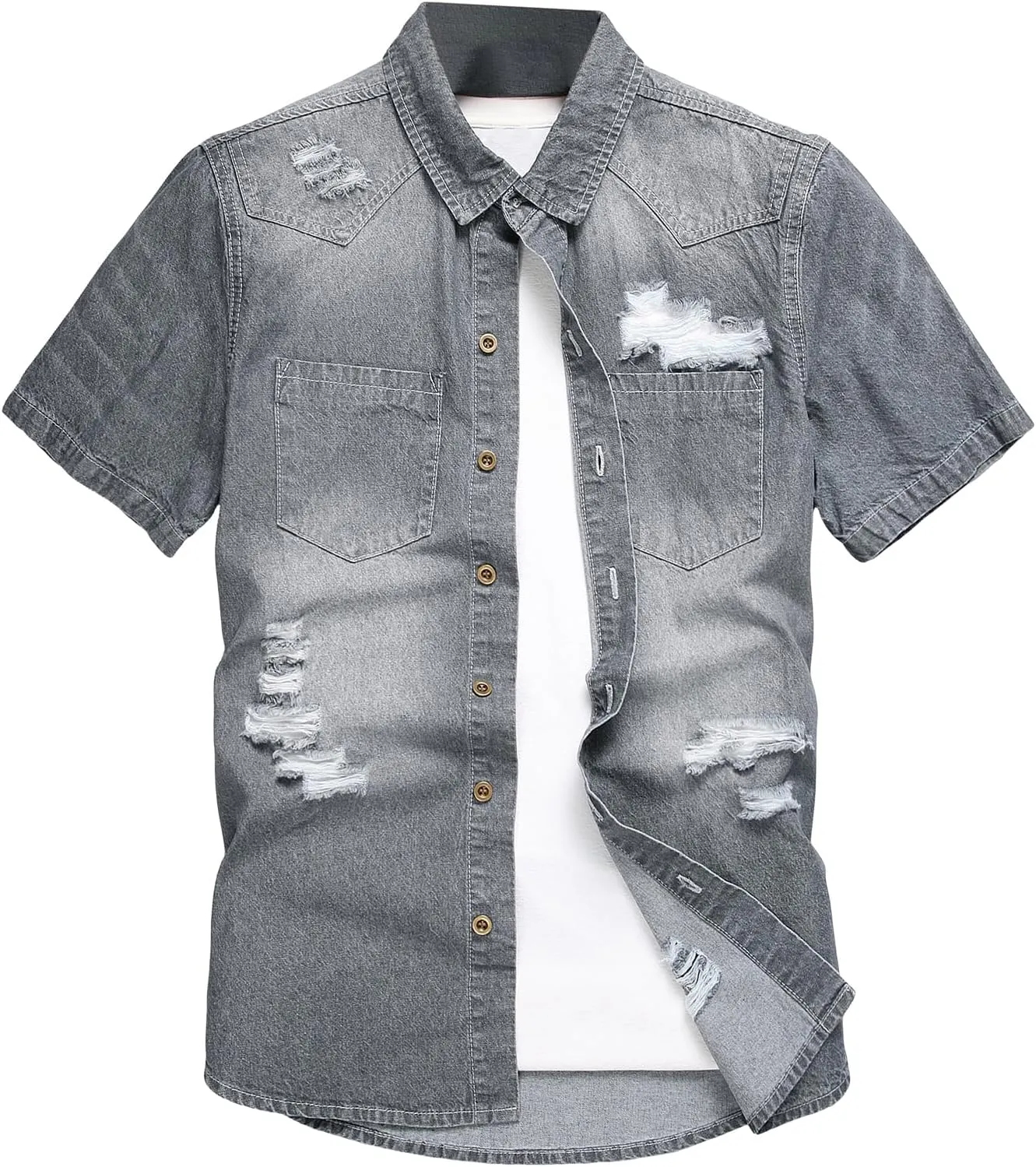 Floerns Men's Causal Ripped Button Front Dual Pocket Short Sleeve Denim Shirt Without Tee