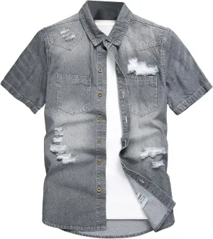 Floerns Men's Causal Ripped Button Front Dual Pocket Short Sleeve Denim Shirt Without Tee