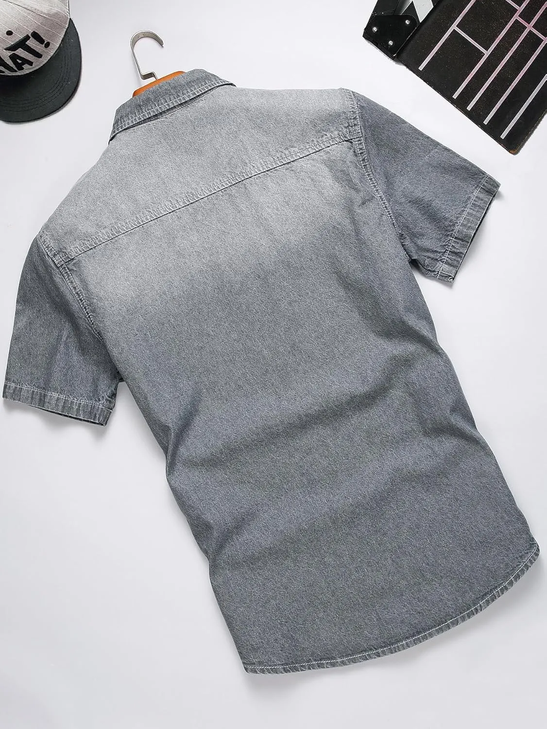 Floerns Men's Causal Ripped Button Front Dual Pocket Short Sleeve Denim Shirt Without Tee