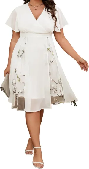Floerns Women's Plus Size A Line Midi Dress Mesh Short Sleeve Wrap V Neck Embroidery Floral Dress