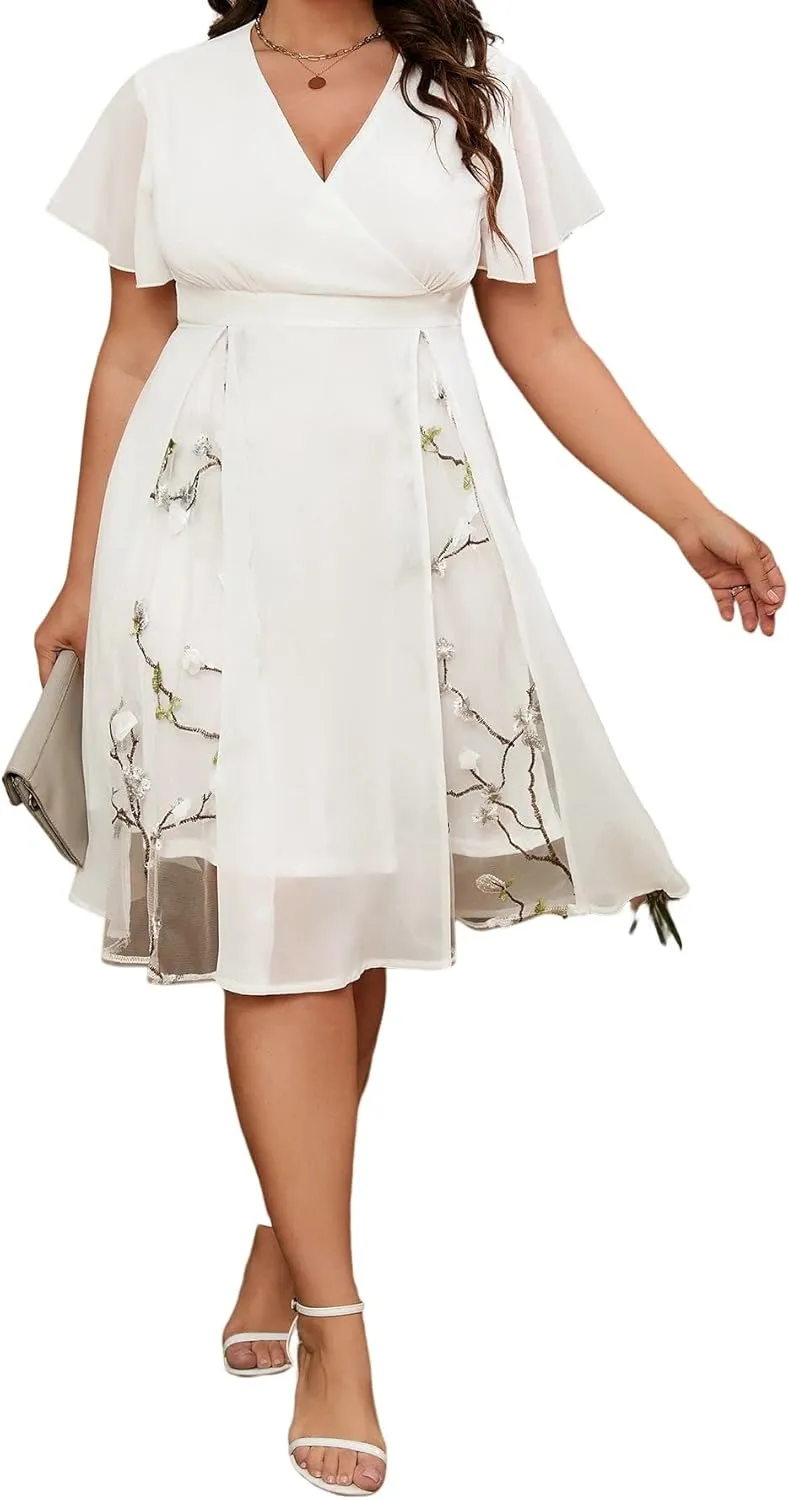 Floerns Women's Plus Size A Line Midi Dress Mesh Short Sleeve Wrap V Neck Embroidery Floral Dress