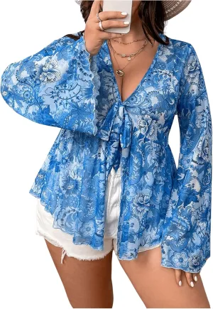 Floerns Women's Plus Size V Neck Flare Sleeve Tie Front Boho Peplum Tee Shirt