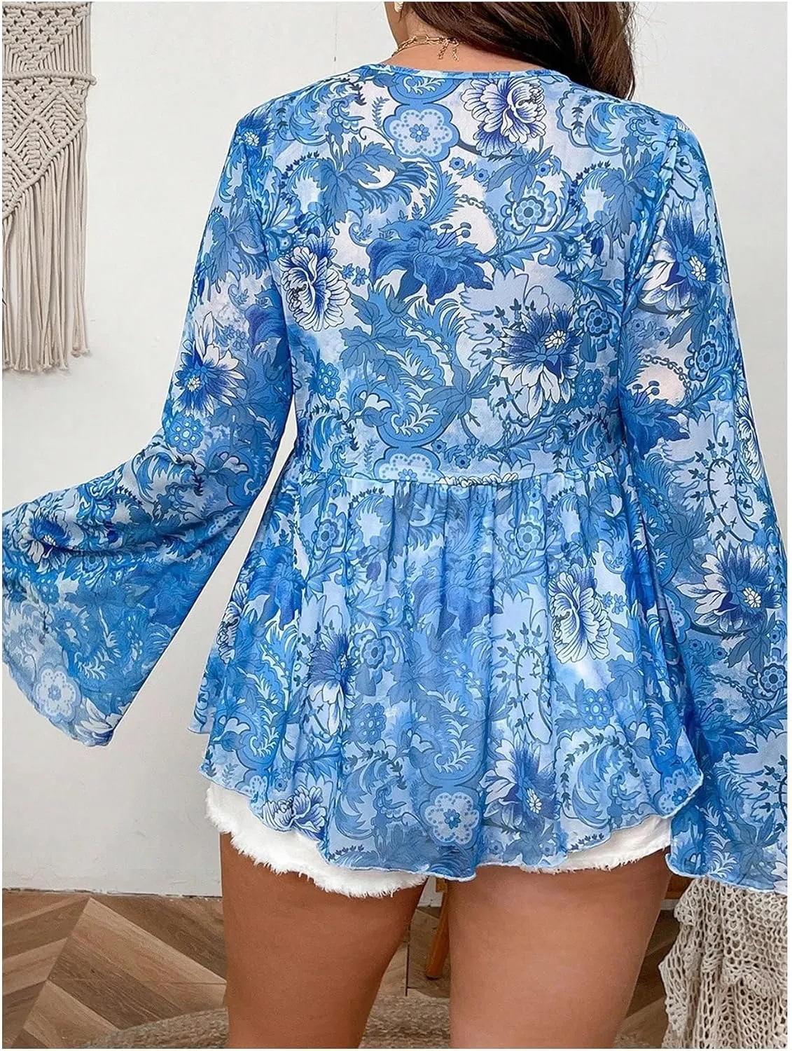 Floerns Women's Plus Size V Neck Flare Sleeve Tie Front Boho Peplum Tee Shirt