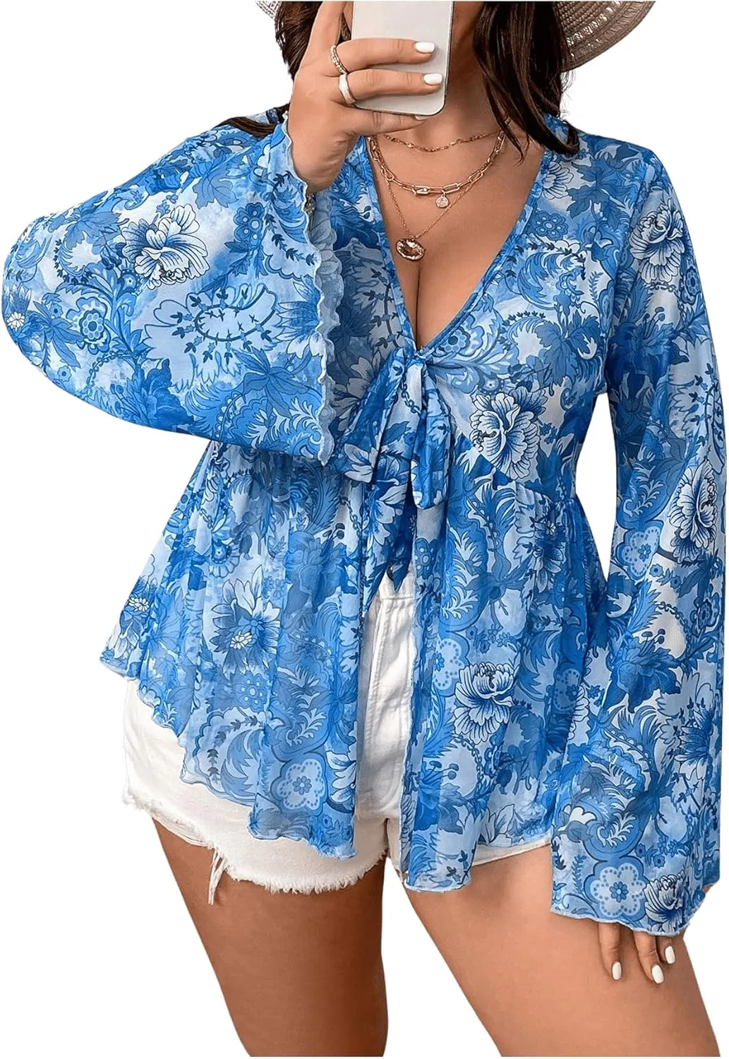 Floerns Women's Plus Size V Neck Flare Sleeve Tie Front Boho Peplum Tee Shirt