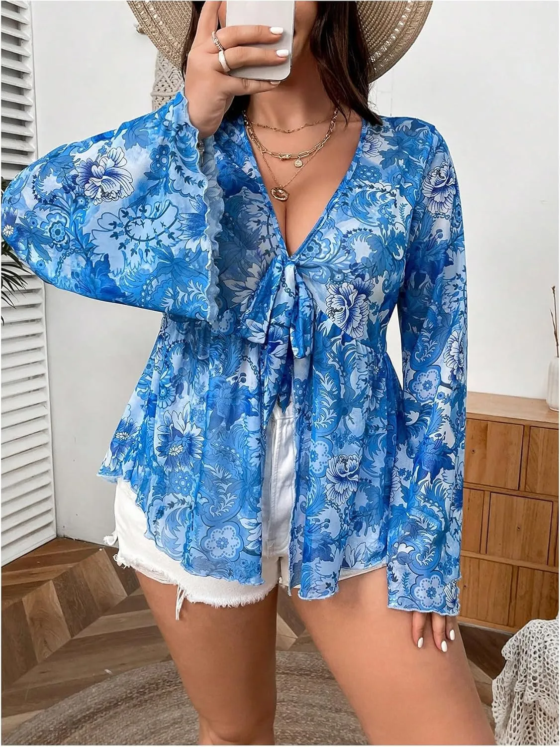 Floerns Women's Plus Size V Neck Flare Sleeve Tie Front Boho Peplum Tee Shirt