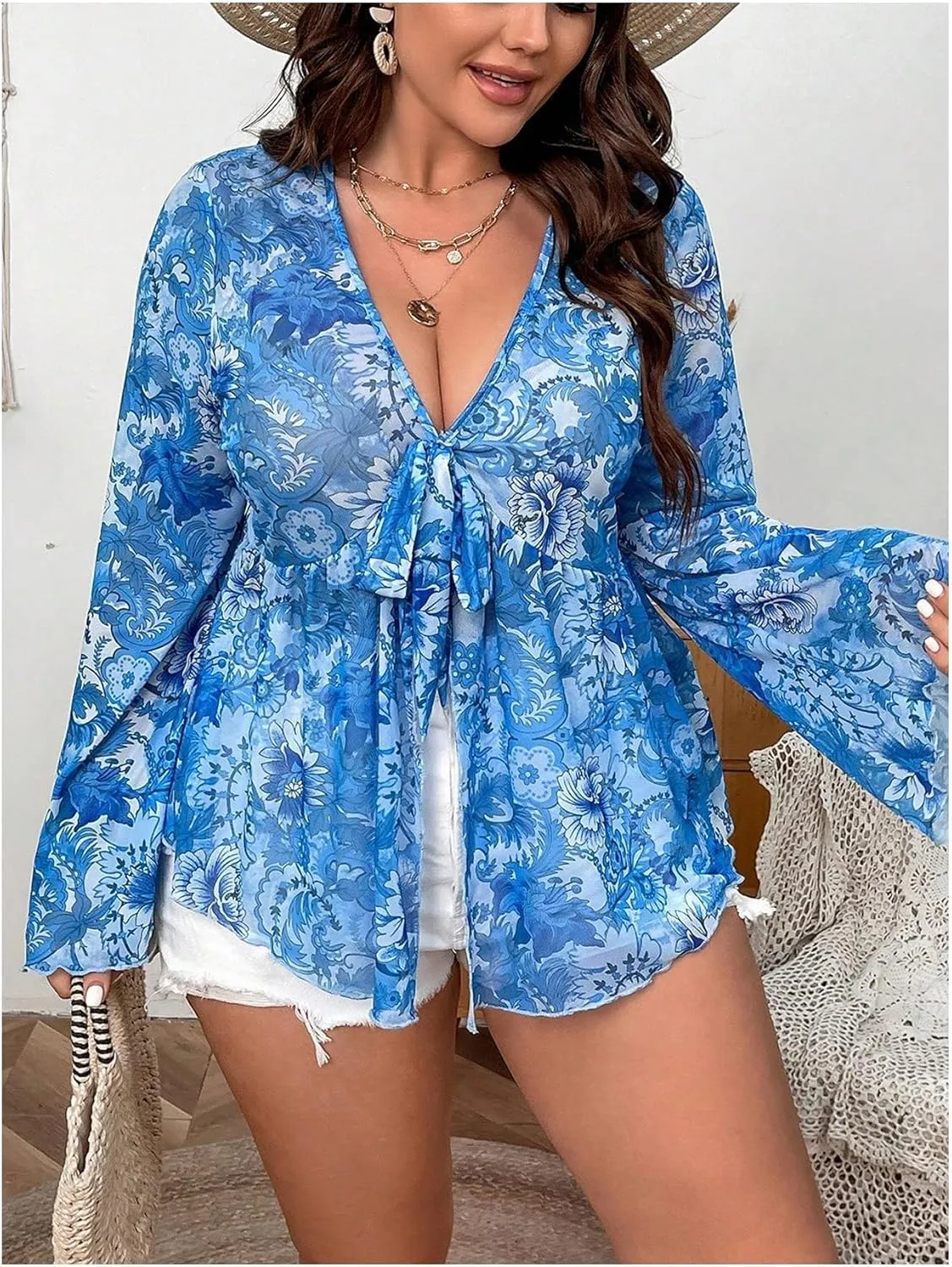 Floerns Women's Plus Size V Neck Flare Sleeve Tie Front Boho Peplum Tee Shirt