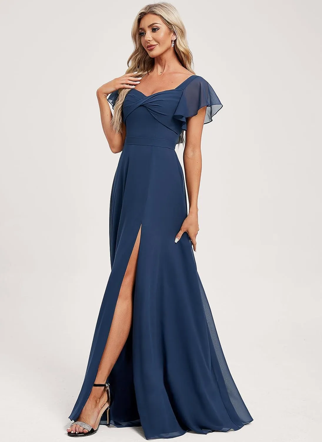 Flutter Sleeve V Neck Slit Bridesmaid Dresses Long for Women Ruched Chiffon Empire Waist Formal Gowns with Pockets