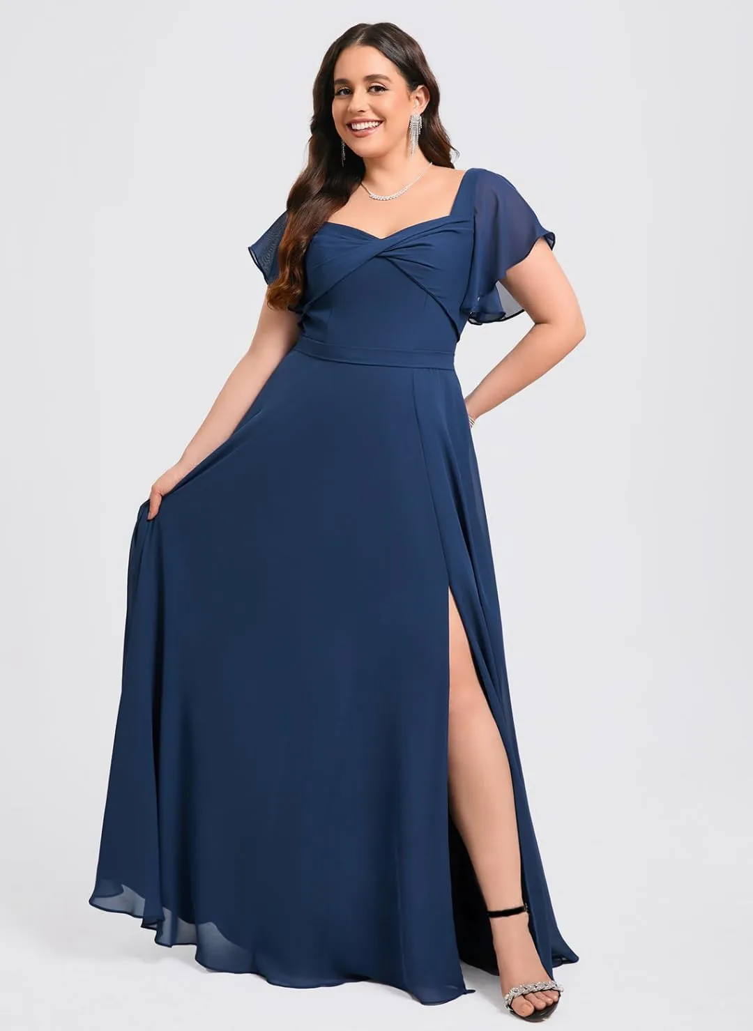 Flutter Sleeve V Neck Slit Bridesmaid Dresses Long for Women Ruched Chiffon Empire Waist Formal Gowns with Pockets