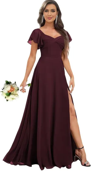 Flutter Sleeve V Neck Slit Bridesmaid Dresses Long for Women Ruched Chiffon Empire Waist Formal Gowns with Pockets