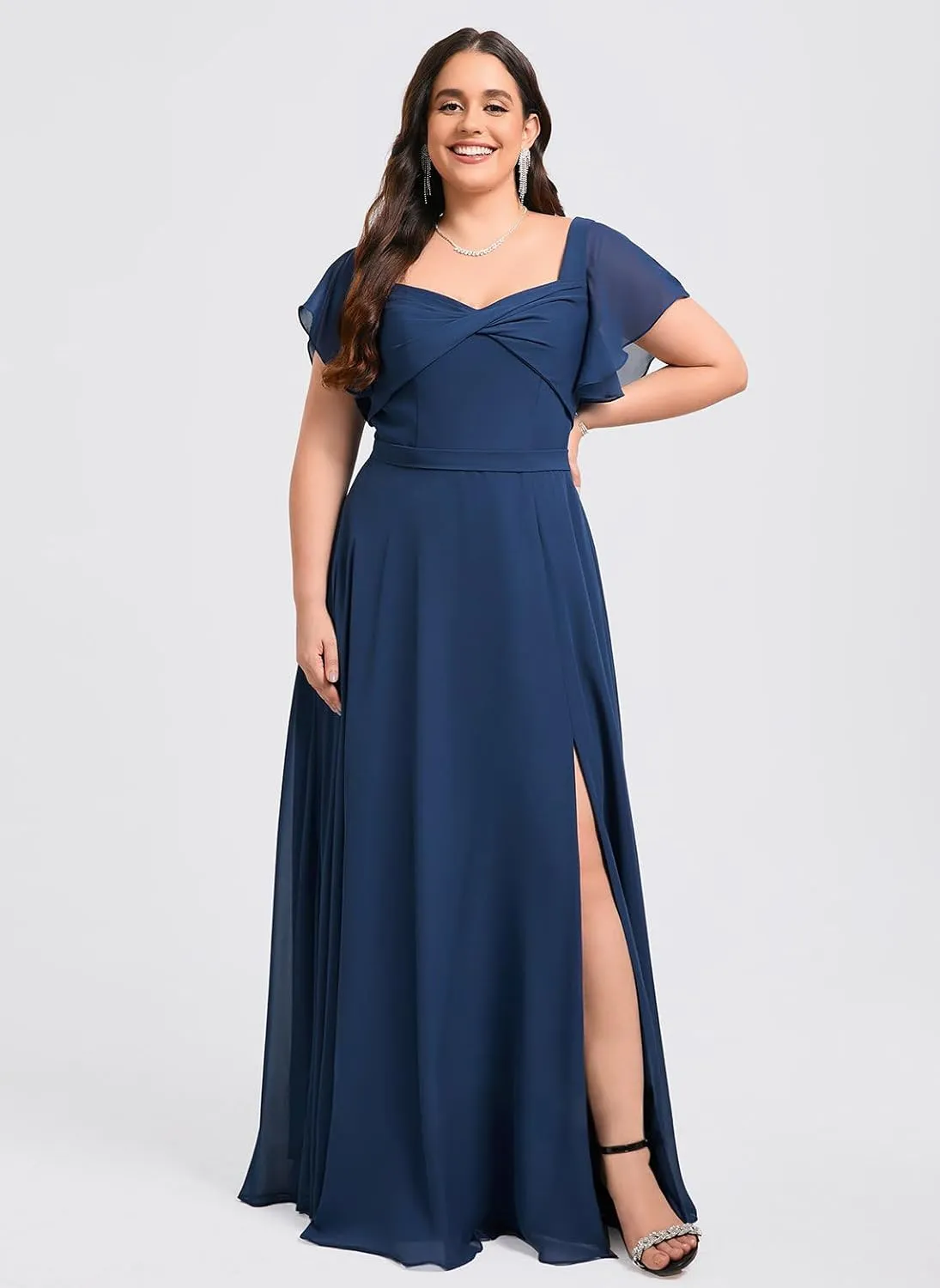 Flutter Sleeve V Neck Slit Bridesmaid Dresses Long for Women Ruched Chiffon Empire Waist Formal Gowns with Pockets