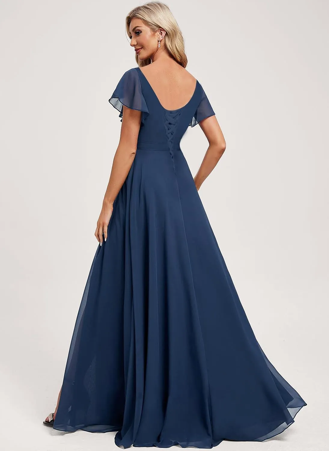 Flutter Sleeve V Neck Slit Bridesmaid Dresses Long for Women Ruched Chiffon Empire Waist Formal Gowns with Pockets
