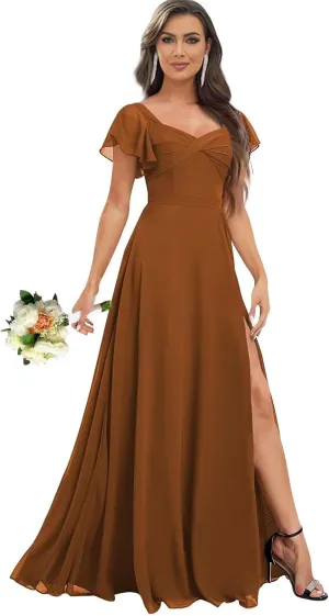 Flutter Sleeve V Neck Slit Bridesmaid Dresses Long for Women Ruched Chiffon Empire Waist Formal Gowns with Pockets
