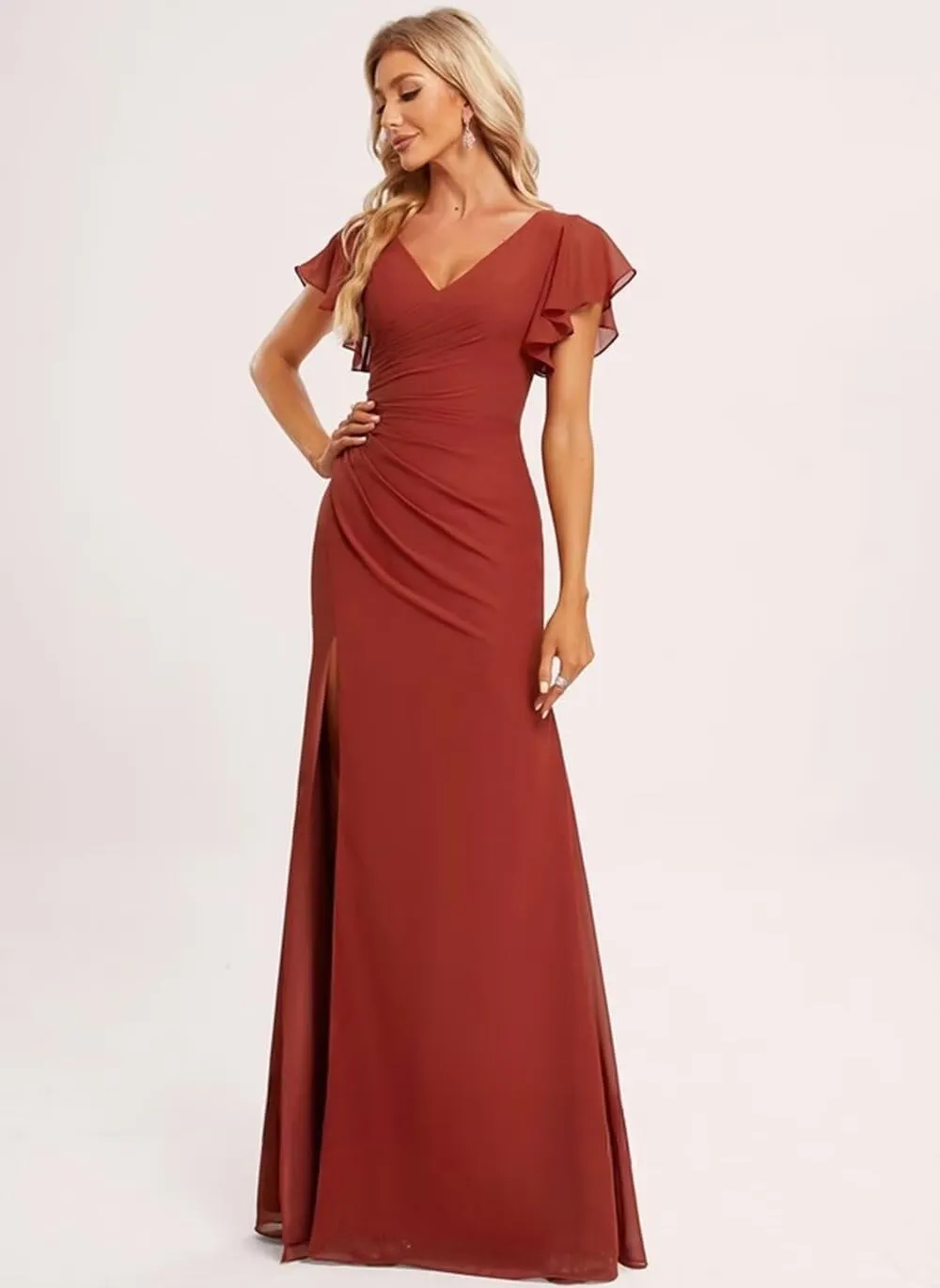 Flutter Sleeves Bridesmaid Dresses for Wedding Chiffon V Neck Ruffles Empire Waist Formal Party Dress with Slit 2025