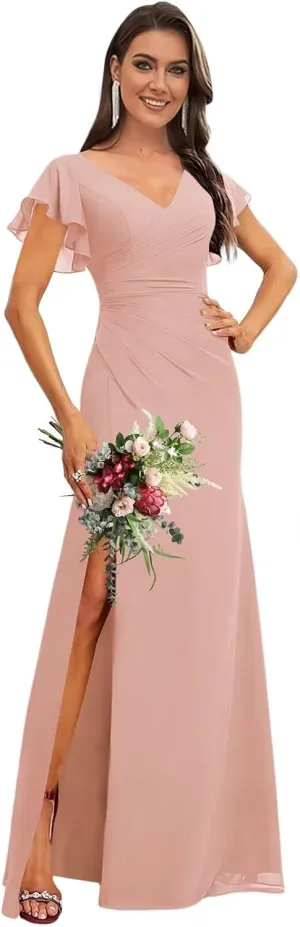 Flutter Sleeves Bridesmaid Dresses for Wedding Chiffon V Neck Ruffles Empire Waist Formal Party Dress with Slit 2025