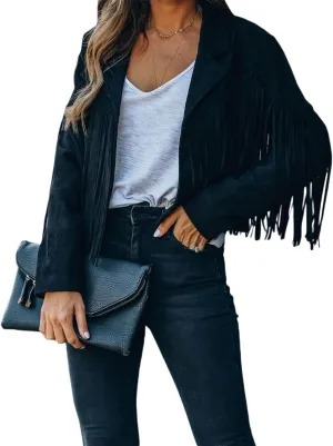 FOMOYUU Women's Chic Cropped Tassel Fringe Jacket Faux Suede Moto Jacket Vintage Lapel Long Sleeve Coat Hippie Cardigan
