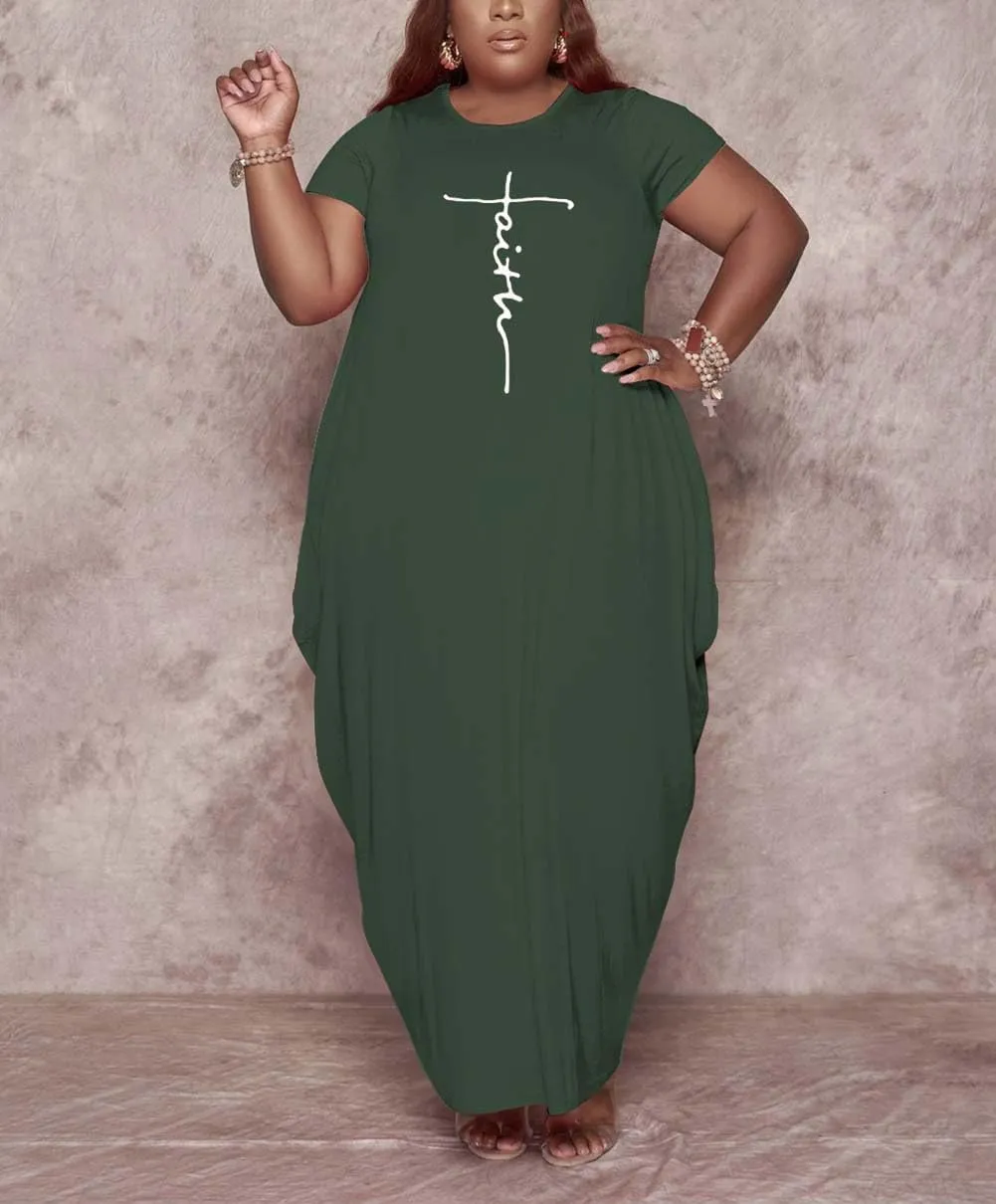Fooullaide Women Casual Plus Size Dress Summer Short Sleeve V Neck T Shirt Loose Oversize Flowy Long Dresses with Pocket