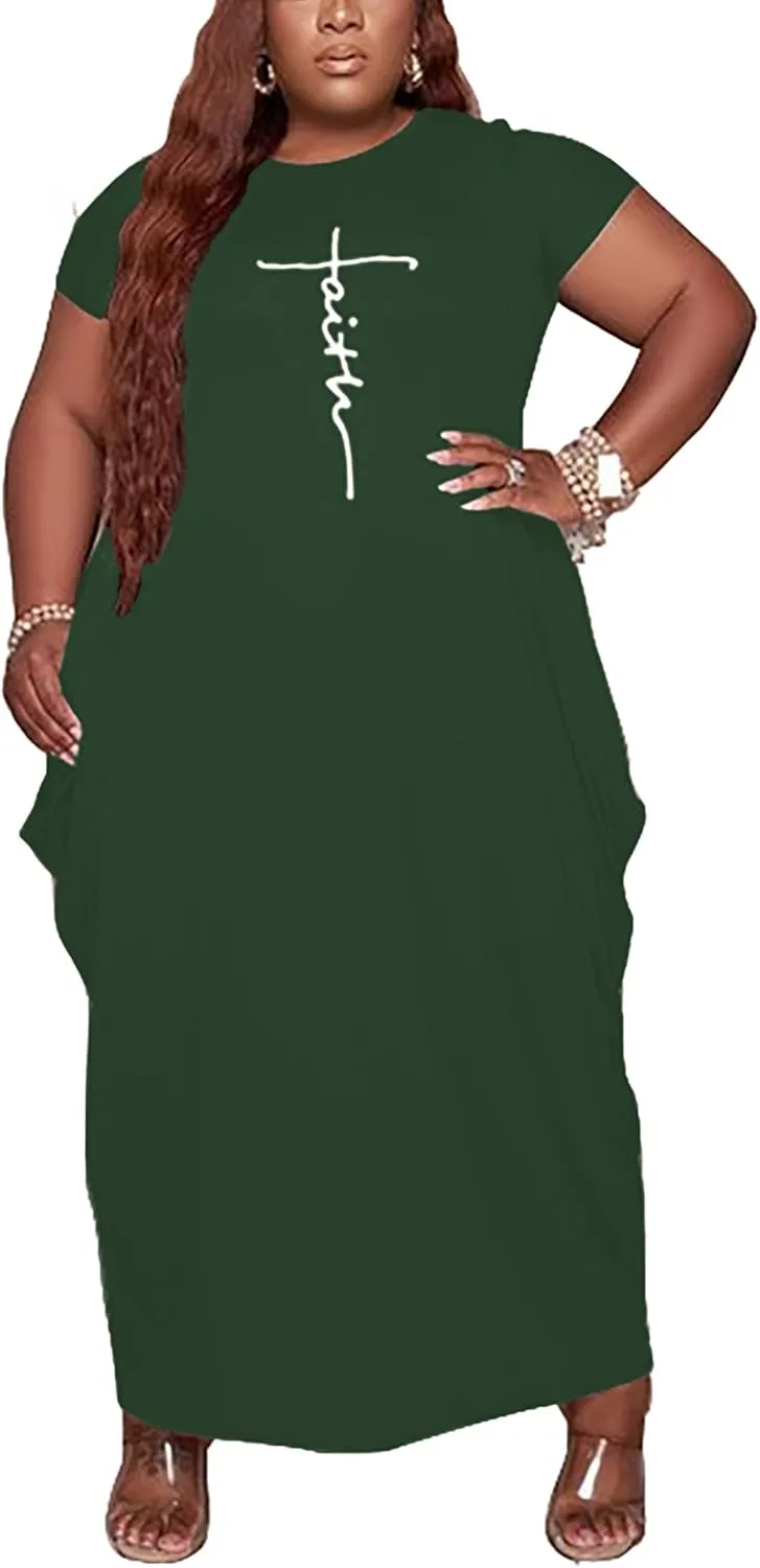Fooullaide Women Casual Plus Size Dress Summer Short Sleeve V Neck T Shirt Loose Oversize Flowy Long Dresses with Pocket