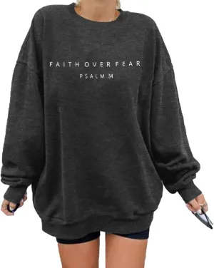 FRYAID Christian Sweatshirt Women Faith Over Fear Christian Religious Sayings Pullover Shirt Letter Print Long Sleeve Tops